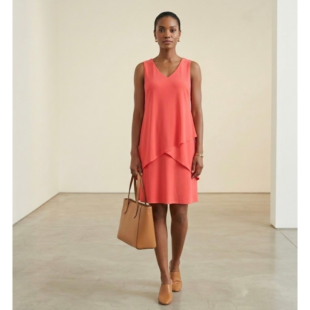 SUSAN GRAVER Coral Liquid Knit Tiered Dress Layered Asymmetrical 1XP Lagenlook - Picture 1 of 8
